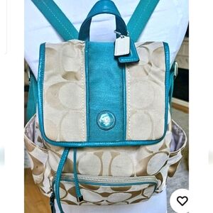 AUTHENTIC Coach Signature Stripe Backpack 21928 Khaki/Jade 2 Bag Charms